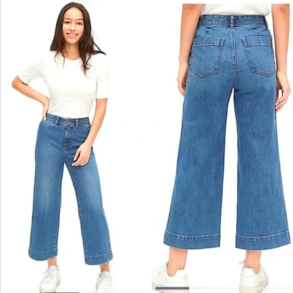 GAP Hi-Rise Wide-Leg Crop Jeans Blue Medium Wash Retro Classic Womens Size 4